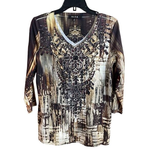 B.L.E.U. Ladies Floral Embellished Vneck 3/4 Sleeve Dressy Blouse Size Small Bro - Picture 1 of 9